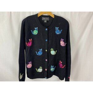 Terazzo Sequin Cat Button Down Cardigan Black‎ 90's Women's Medium